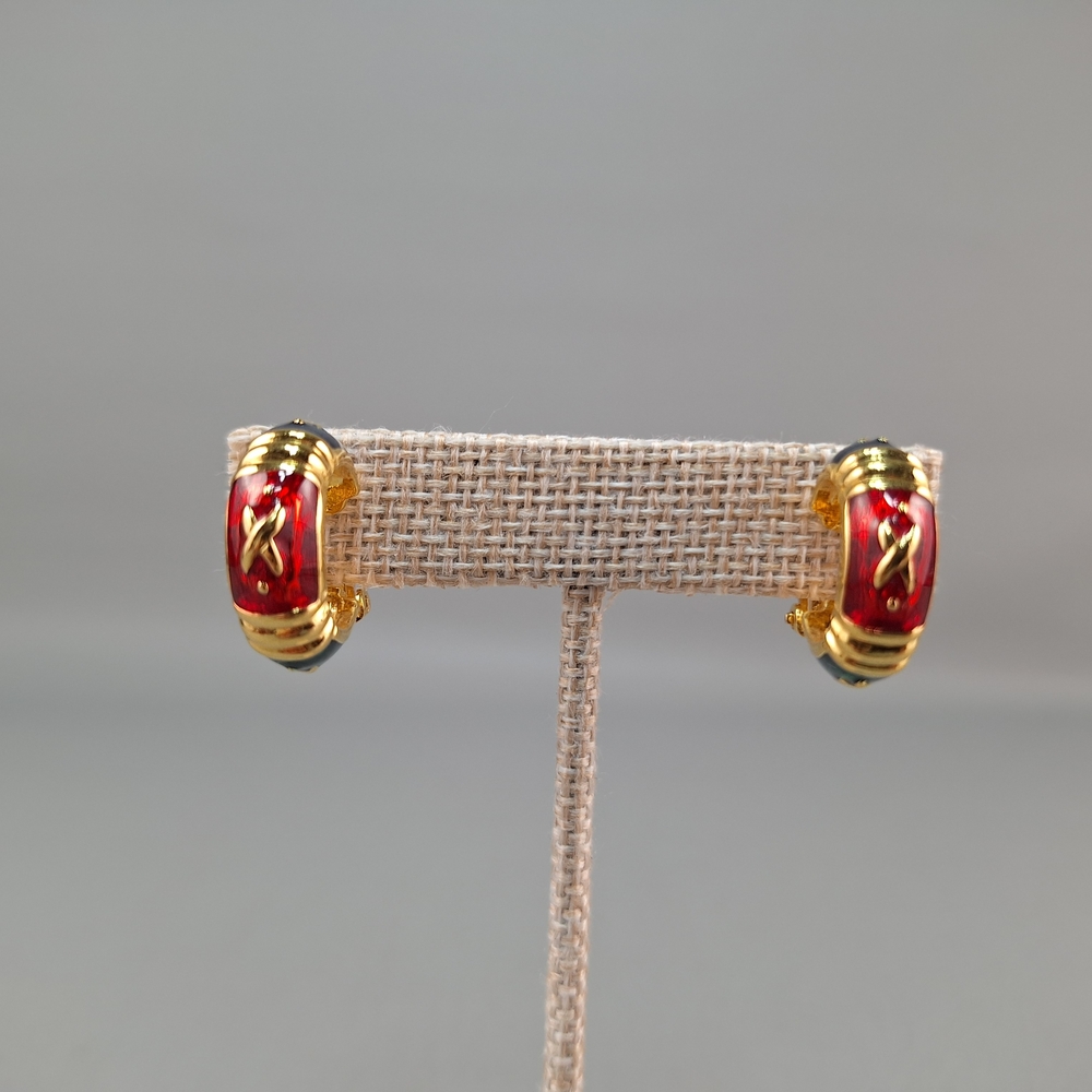 Vintage Joan Rivers Green Red Enamel X Pattern Gold tone Clip On Hoop Earrings